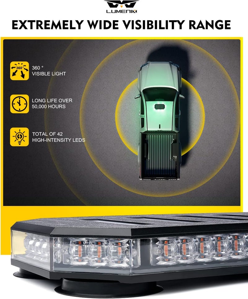 LUMENIX 42 LED Roof Top Strobe Beacon Light Bar Hazard Warning Emergency Flashing Plow Lights with Controller for Construction Vehicles Tow Trucks Snowplow Postal Cars White Green (Patent Design) - Image 4